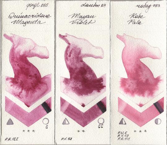 Golden QOR 265 Quinacridone Magenta, Daniel Smith 214 Mayan Violet, Rosa Gallery 793 Rose Pa watercolor swatch