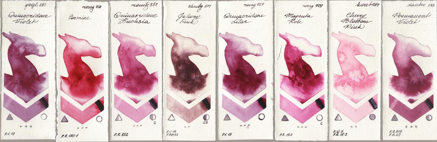 Golden QOR 280 Quinacridone Violet, Rosa Gallery 708 Carmine, Roman Szmal Aquarius 358 Quinacridone Fuchsia, Shminke Horadam Aquarell 971 Galaxy Pink, 727 Quinacridone Lilac, 709 Magenta Rose, Kuretake Gansai Tambi 014 Cherry Blossom Pink, Daniel Smith 073 Permanent Viol watercolor swatch