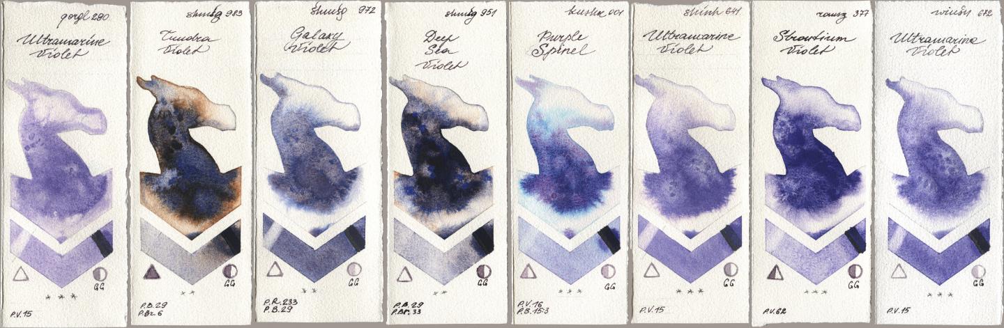 Golden QOR 290 Ultramarine Violet, Shminke Horadam Aquarell 983 Tundra Violet, 972 Galaxy Violet, 951 Deep Sea Violet, Kusakabe 001 Purple Spinel, Shinhan PWC 641 Ultramarine Violet, Roman Szmal Aquarius 377 Strontium Violet, Winsor & Newton Professional 672 Ultramarine Viol watercolor swatch
