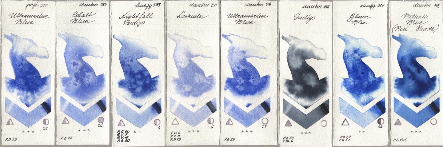 Golden QOR 310 Ultramarine Blue, Daniel Smith 025 Cobalt Blue, Holbein Artists Watercolor 533 Nightfall Indigo, 232 Lavender, 106 Ultramarine Blue, 046 Indigo, Shminke Horadam Aquarell 961 Glacier Blue, 119 Phthalo Blue (Red Shad watercolor swatch