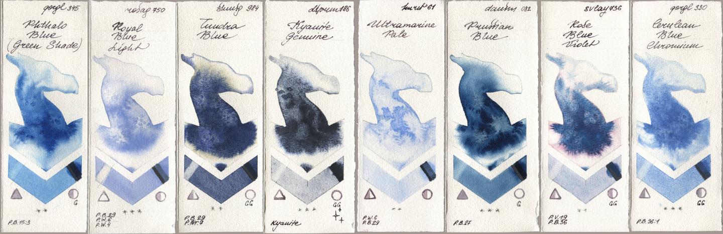 Golden QOR 345 Phthalo Blue (Green Shade), Rosa Gallery 750 Royal Blue Light, Shminke Horadam Aquarell 984 Tundra Blue, Daniel Smith 186 Kyanite Genuine, Kuretake Gansai Tambi 061 Ultramatire Pale, 082 Prussian Blue, SuperVision 736 Rose Blue Violet, 330 Cerulean Blue, Chromi watercolor swatch