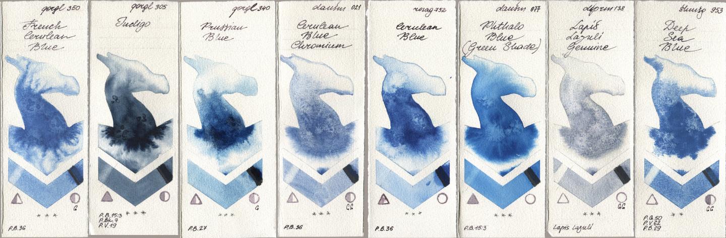 Golden QOR 350 French Cerulean Blue, 305 Indigo, 340 Prussian Blue, Daniel Smith 021 Cerulean Blue Chromium, Rosa Gallery 752 Cerulean Blue, 077 Phthalo Blue (Green Shade), 138 Lapis Lazuli Genuine, Shminke Horadam Aquarell 953 Deep Sea Bl watercolor swatch