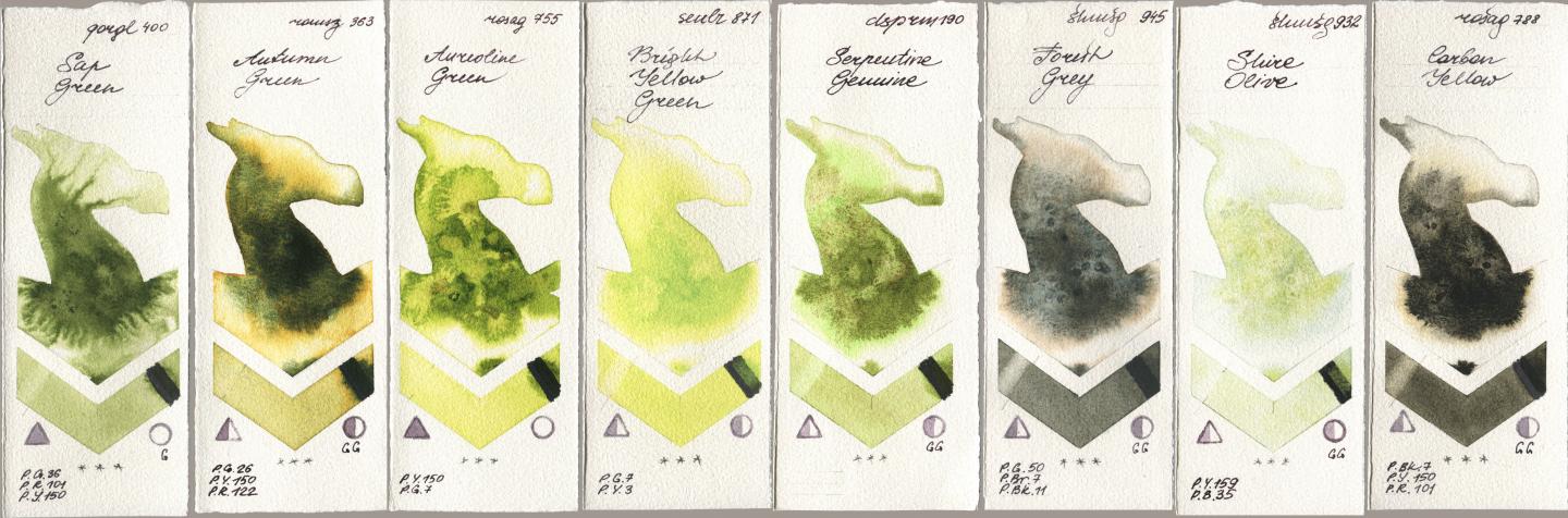 Golden QOR 400 Sap Green, Roman Szmal Aquarius 363 Autumn Green, Rosa Gallery 755 Aureoline Green, Sennelier l Aquarelle 871 Bright Yellow Green, Daniel Smith 190 Serpentine Genuine, Shminke Horadam Aquarell 945 Forest Grey, 932 Shire Olive, 788 Carbon Yell watercolor swatch