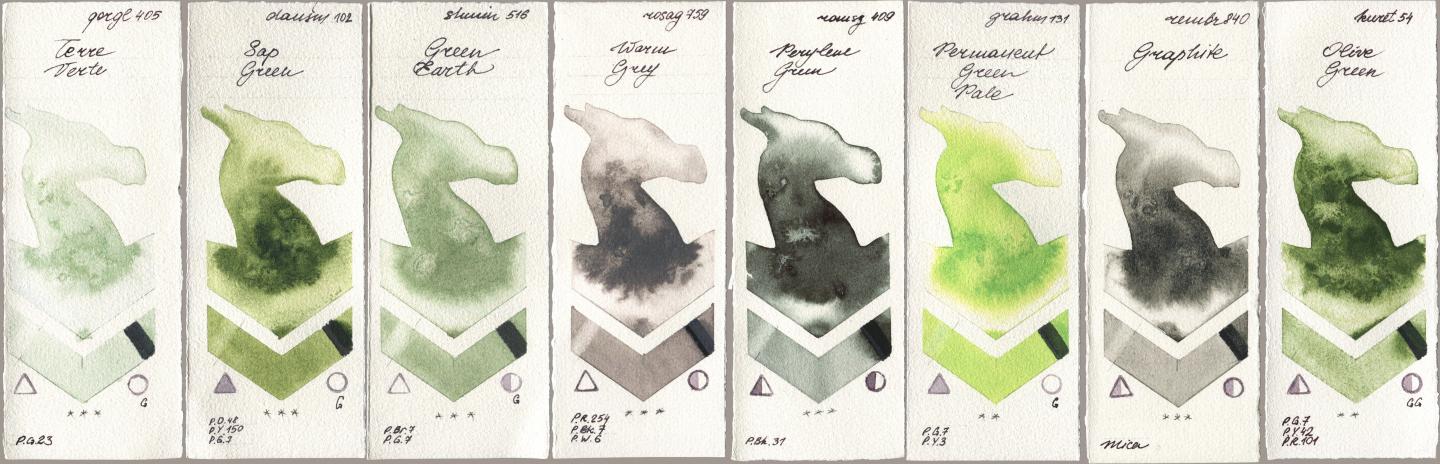 Golden QOR 405 Terre Verte, Daniel Smith 102 Sap Green, Shminke Horadam Aquarell 516 Green Earth, Rosa Gallery 759 Warm Grey, Roman Szmal Aquarius 409 Perylene Green, M. Graham & Co. Artists 131 Permanent Green Pale, Royal Talens Rembrandt Watercolour 840 Graphite, Kuretake Gansai Tambi 054 Olive Gre watercolor swatch