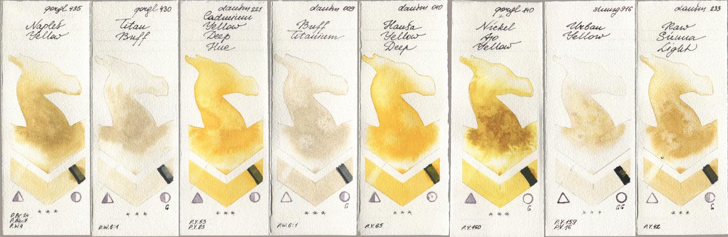 Golden QOR 435 Naples Yellow, 430 Titan Buff, Daniel Smith 221 Cadmium Yellow Deep Hue, 009 Buff Titanium, 040 Hansa Yellow Deep, 140 Nickel Azo Yellow, Shminke Horadam Aquarell 916 Urban Yellow, 233 Raw Sienna Lig watercolor swatch