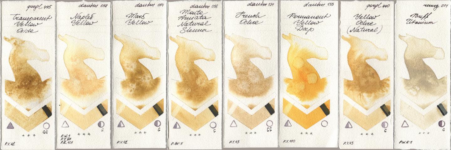 Golden QOR 445 Transparent Yellow Oxide, Daniel Smith 058 Naples Yellow, 054 Mars Yellow, 056 Monte Amiata Natural Sienna, 134 French Ochre, 133 Permanent Yellow Deep, 440 Yellow Ochre (Natural), Roman Szmal Aquarius 201 Buff Titani watercolor swatch