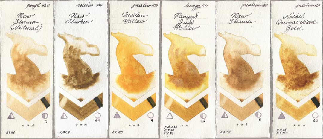 Golden QOR 450 Raw Sienna (Natural), Winsor & Newton Professional 554 Raw Umber, M. Graham & Co. Artists 109 Indian Yellow, Holbein Artists Watercolor 511 Pampas Grass Yellow, 160 Raw Sienna, 124 Nickel Quinacridone Go watercolor swatch