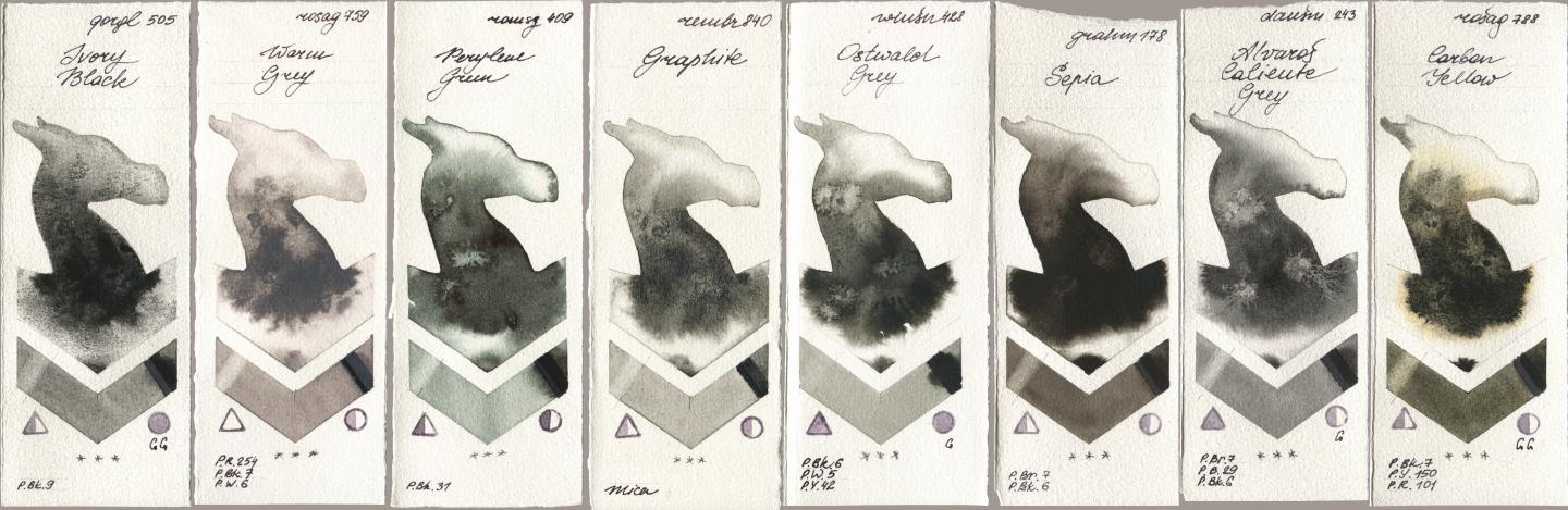 Golden QOR 505 Ivory Black, Rosa Gallery 759 Warm Grey, Roman Szmal Aquarius 409 Perylene Green, Royal Talens Rembrandt Watercolour 840 Graphite, Winsor & Newton Professional 428 Ostwald Grey, M. Graham & Co. Artists 178 Sepia, Daniel Smith 243 Alvaros Caliente Grey, 788 Carbon Yell watercolor swatch