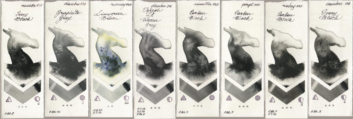 Royal Talens Rembrandt Watercolour 701 Ivory Black, Daniel Smith 038 Graphite Gray, Rockwell 143 Limugreen Brown, 246 Joseph Zs Warm Grey, Maimeri Blu 537 Carbon Black, Golden QOR 500 Carbon Black, Rosa Gallery 770 Carbon Black, 048 Ivory Bla watercolor swatch