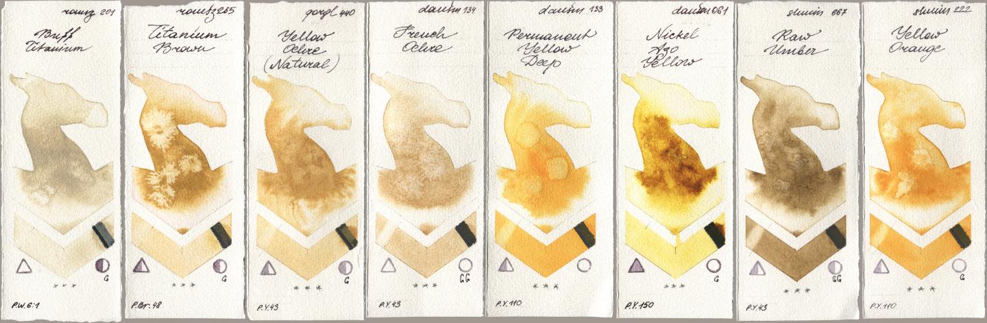 Roman Szmal Aquarius 201 Buff Titanium, 265 Titanium Brown, Golden QOR 440 Yellow Ochre (Natural), Daniel Smith 134 French Ochre, 133 Permanent Yellow Deep, 061 Nickel Azo Yellow, Shminke Horadam Aquarell 667 Raw Umber, 222 Yellow Oran watercolor swatch