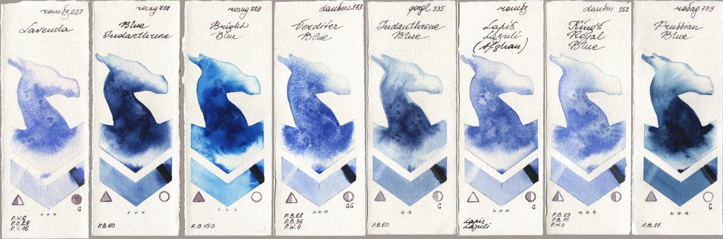 Roman Szmal Aquarius 227 Lavenda, Rosa Gallery 738 Blue Indanthrene, 729 Bright Blue, Daniel Smith 173 Verditer Blue, Golden QOR 335 Indanthrone Blue, 999 Lapis Lazuli Afghan, 252 King’s Royal Blue, 779 Prussian Bl watercolor swatch