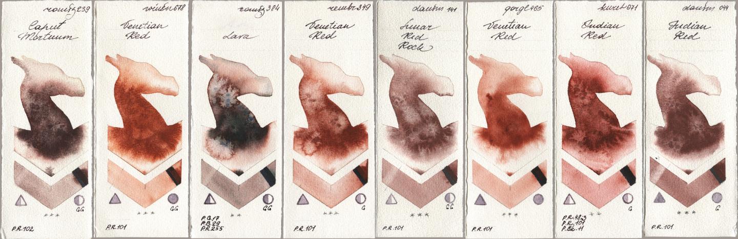 Roman Szmal Aquarius 239 Caput Mortuum, Winsor & Newton Professional 678 Venetian Red, 384 Lava, Royal Talens Rembrandt Watercolour 349 Venerian Red, Daniel Smith 141 Lunar Red Rock, Golden QOR 465 Venetian Red, Kuretake Gansai Tambi 071 Indian Red, 044 Indian R watercolor swatch