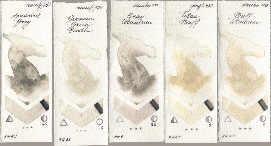 Roman Szmal Aquarius 253 Aquarius Grey, 138 German Green Earth, Daniel Smith 241 Gray Titanium, Golden QOR 430 Titan Buff, 009 Buff Titani watercolor swatch