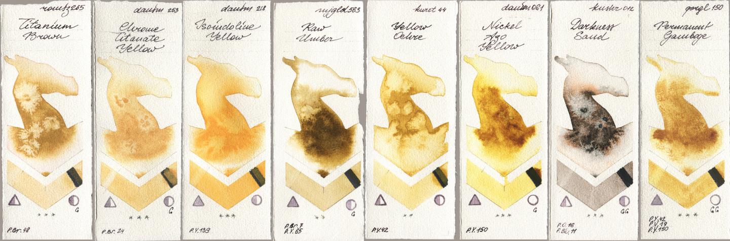 Roman Szmal Aquarius 265 Titanium Brown, Daniel Smith 253 Chrome Titanate Yellow, 218 Isoindoline Yellow, Mijello Mission Gold 563 Raw Umber, Kuretake Gansai Tambi 044 Yellow Ochre, 061 Nickel Azo Yellow, Kusakabe 012 Darkness Sand, Golden QOR 150 Permanent Gambo watercolor swatch