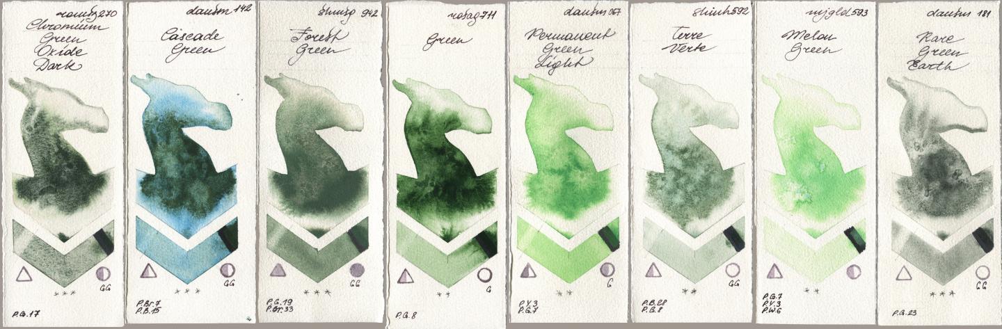 Roman Szmal Aquarius 270 Chromium Green Oxide Dark, Daniel Smith 142 Cascade Green, Shminke Horadam Aquarell 942 Forest Green, Rosa Gallery 711 Green, 067 Permanent Green Light, Shinhan PWC 592 Terre Verte, Mijello Mission Gold 593 Melon Green, 181 Rare Green Ear watercolor swatch