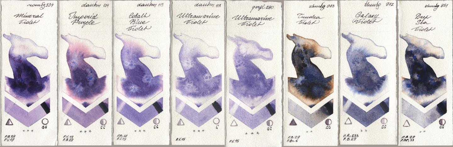 Roman Szmal Aquarius 334 Mineral Violet, Daniel Smith 174 Imperial Purple, 115 Cobalt Blue Violet, 108 Ultramarine Violet, Golden QOR 290 Ultramarine Violet, Shminke Horadam Aquarell 983 Tundra Violet, 972 Galaxy Violet, 951 Deep Sea Viol watercolor swatch