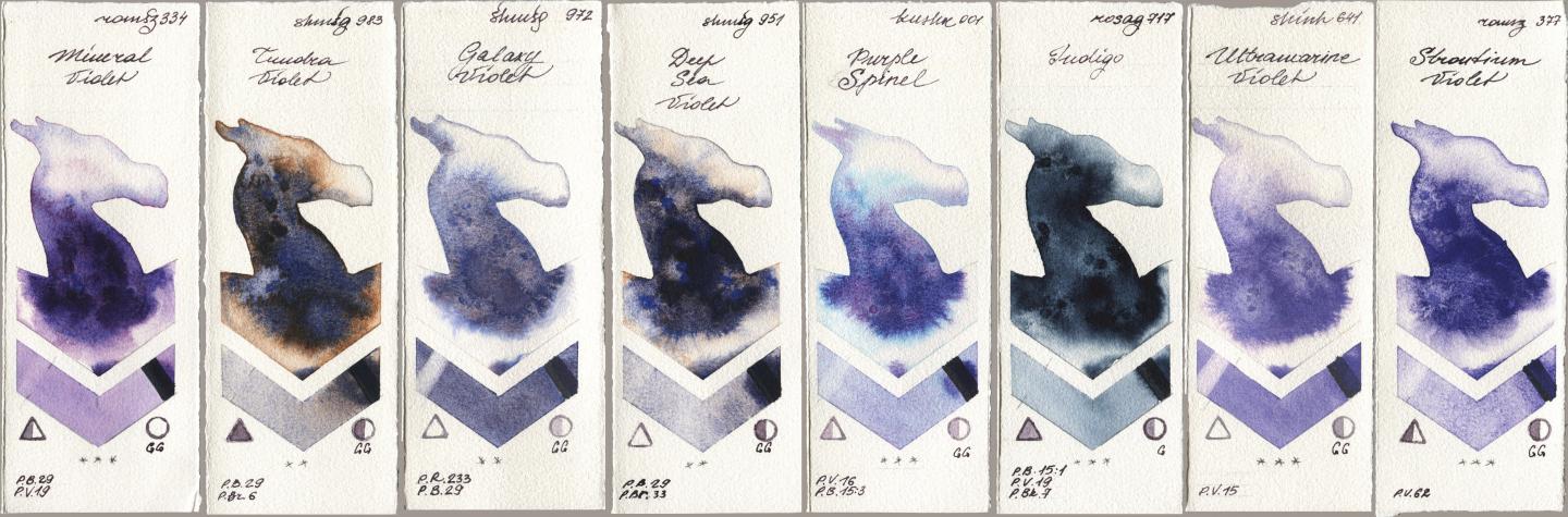 Roman Szmal Aquarius 334 Mineral Violet, Shminke Horadam Aquarell 983 Tundra Violet, 972 Galaxy Violet, 951 Deep Sea Violet, Kusakabe 001 Purple Spinel, Rosa Gallery 717 Indigo, Shinhan PWC 641 Ultramarine Violet, 377 Strontium Viol watercolor swatch