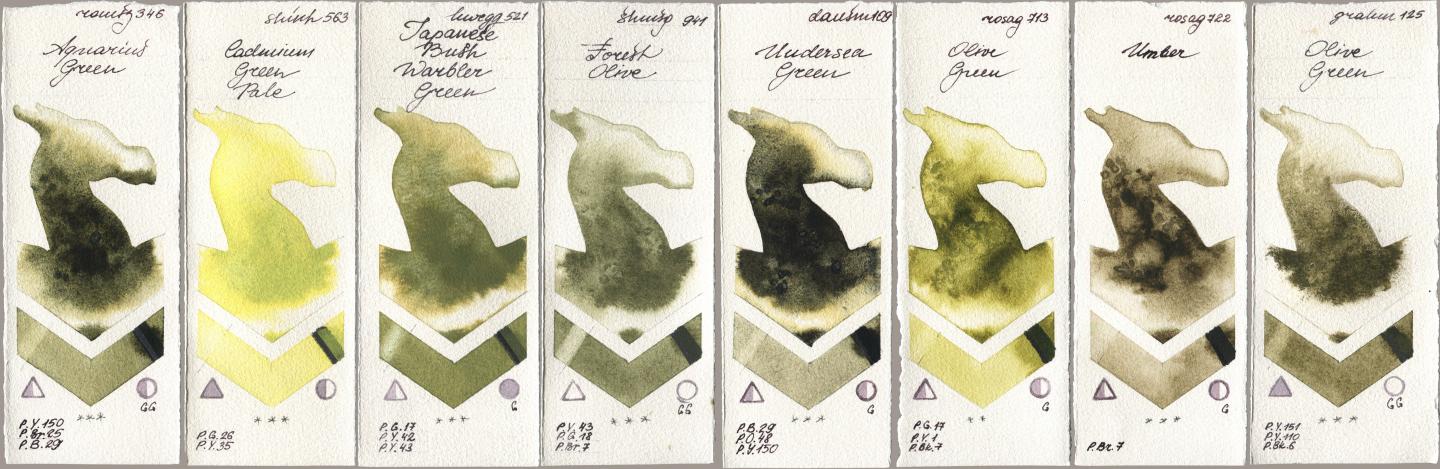 Roman Szmal Aquarius 346 Aquarius Green, Shinhan PWC 563 Cadmium Green Pale, Holbein Artists Watercolor 521 Japanese Bush Warbler Green, Shminke Horadam Aquarell 941 Forest Olive, Daniel Smith 109 Undersea Green, Rosa Gallery 713 Olive Green, 722 Umber, M. Graham & Co. Artists 125 Olive Gre watercolor swatch