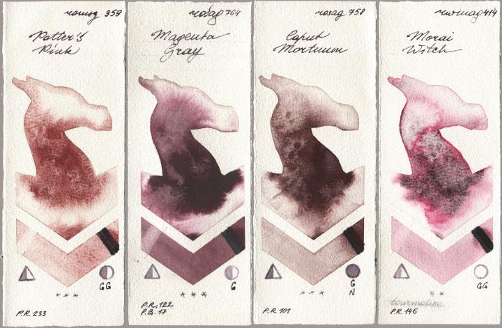 Roman Szmal Aquarius 359 Potters Pink, Rosa Gallery 764 Magenta Gray, 758 Caput Mortuum, Rockwell 414 Morai Wit watercolor swatch