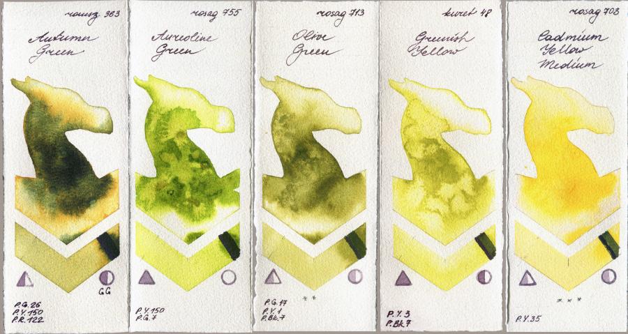 Roman Szmal Aquarius 363 Autumn Green vs Rosa Gallery 755 Aureoline Green vs 713 Olive Green vs Kuretake Gansai Tambi 48 Greenish Yellow vs 703 Cadmium Yellow Medium watercolor swatch