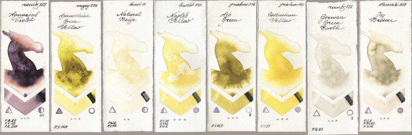 Roman Szmal Aquarius 369 Aquarius Violet, Royal Talens Van Gogh Watercolour 296 Azomethine Green Yellow, Kuretake Gansai Tambi 011 Natural Beige, Holbein Artists Watercolor 030 Naples Yellow, M. Graham & Co. Artists 016 Azo Green, 060 Cadmium Yellow, 138 German Green Earth, Shminke Akademie Aquarell 917 Icy Bro watercolor swatch