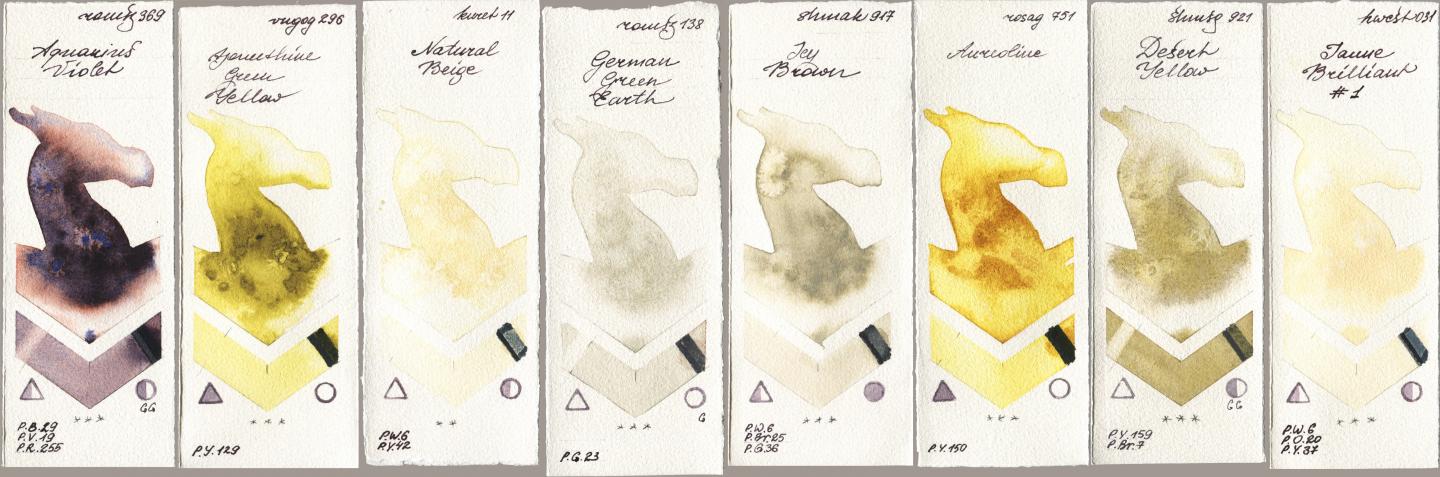 Roman Szmal Aquarius 369 Aquarius Violet, Royal Talens Van Gogh Watercolour 296 Azomethine Green Yellow, Kuretake Gansai Tambi 011 Natural Beige, 138 German Green Earth, Shminke Akademie Aquarell 917 Icy Brown, Rosa Gallery 751 Aureoline, Shminke Horadam Aquarell 921 Desert Yellow, Holbein Artists Watercolor 031 Jaune Brilliant No watercolor swatch