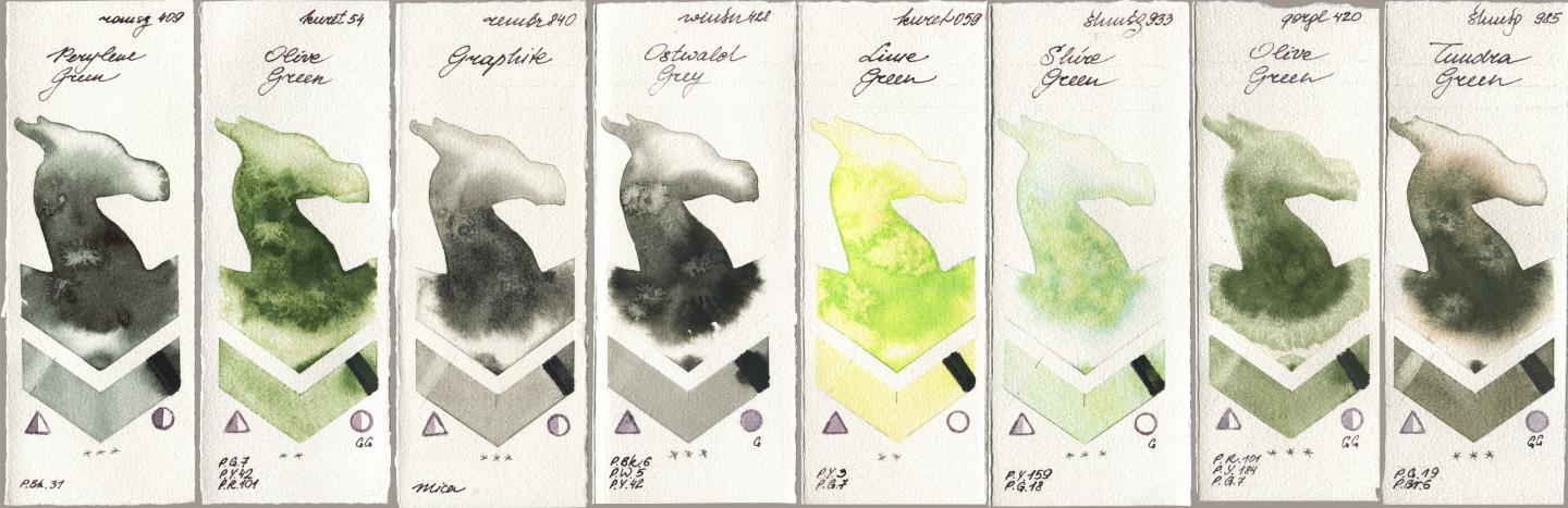 Roman Szmal Aquarius 409 Perylene Green, Kuretake Gansai Tambi 054 Olive Green, Royal Talens Rembrandt Watercolour 840 Graphite, Winsor & Newton Professional 428 Ostwald Grey, 059 Lime Green, Shminke Horadam Aquarell 933 Shire Green, Golden QOR 420 Olive Green, 985 Tundra Gre watercolor swatch