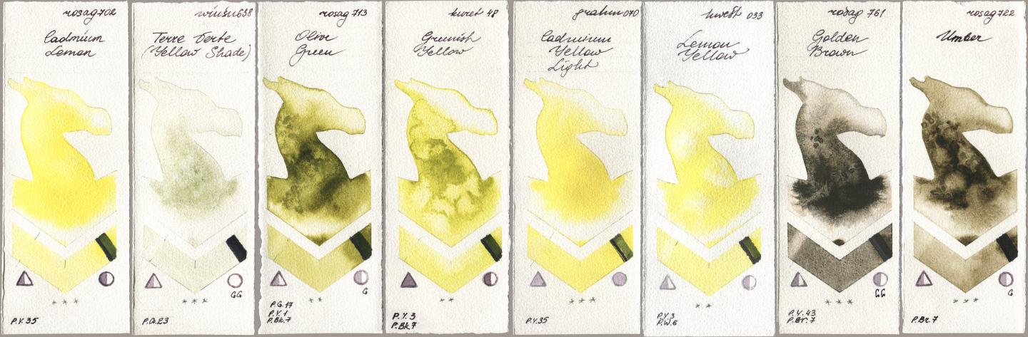 Rosa Gallery 702 Cadmium Lemon, Winsor & Newton Professional 638 Terre Verte (Yellow Shade), 713 Olive Green, Kuretake Gansai Tambi 048 Greenish Yellow, M. Graham & Co. Artists 070 Cadmium Yellow Light, Holbein Artists Watercolor 033 Lemon Yellow, 761 Golden Brown, 722 Umb watercolor swatch