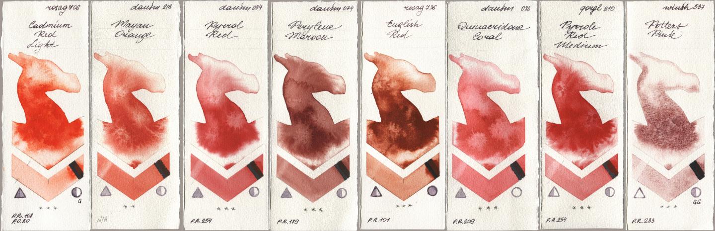 Rosa Gallery 706 Cadmium Red Light, Daniel Smith 216 Mayan Orange, 084 Pyrrol Red, 074 Perylene Maroon, 736 English Red, 088 Quinacridone Coral, Golden QOR 210 Pyrrole Red Medium, Winsor & Newton Professional 537 Potters Pi watercolor swatch