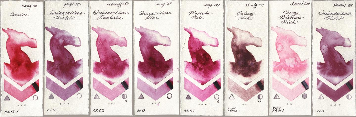 Rosa Gallery 708 Carmine, Golden QOR 280 Quinacridone Violet, Roman Szmal Aquarius 358 Quinacridone Fuchsia, 727 Quinacridone Lilac, 709 Magenta Rose, Shminke Horadam Aquarell 971 Galaxy Pink, Kuretake Gansai Tambi 014 Cherry Blossom Pink, 368 Quinacridone Viol watercolor swatch