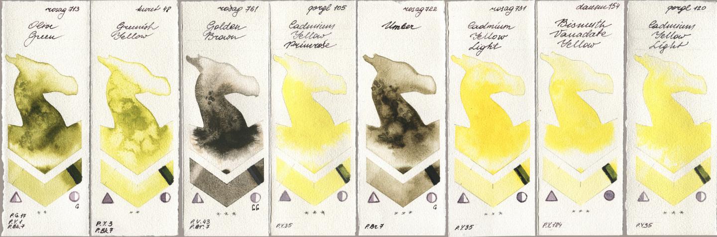 Rosa Gallery 713 Olive Green, Kuretake Gansai Tambi 048 Greenish Yellow, 761 Golden Brown, Golden QOR 105 Cadmium Yellow Primrose, 722 Umber, 731 Cadmium Yellow Light, Daniel Smith 154 Bismuth Vanadate Yellow, 120 Cadmium Yellow Lig watercolor swatch
