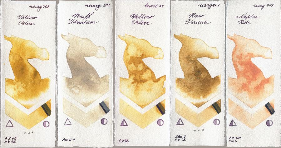 Rosa Gallery 719 Yellow Ochre vs Roman Szmal Aquarius 201 Buff Titanium vs Kuretake Gansai Tambi 44 Yellow Ochre vs 721 Raw Sienna vs 748 Naples Rose watercolor swatch