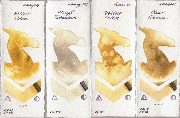 Rosa Gallery 719 Yellow Ochre vs Roman Szmal Aquarius 201 Buff Titanium vs Kuretake Gansai Tambi 44 Yellow Ochre vs 721 Raw Sienna watercolor swatch
