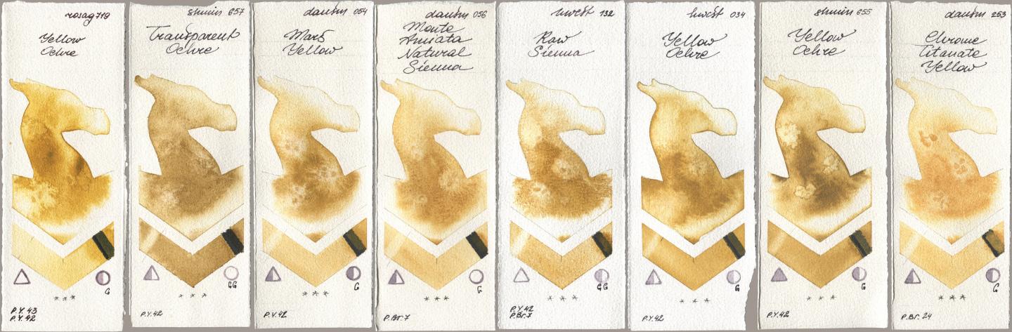 Rosa Gallery 719 Yellow Ochre, Shminke Horadam Aquarell 657 Transparent Ochre, Daniel Smith 054 Mars Yellow, 056 Monte Amiata Natural Sienna, Holbein Artists Watercolor 132 Raw Sienna, 034 Yellow Ochre, 655 Yellow Ochre, 253 Chrome Titanate Yell watercolor swatch