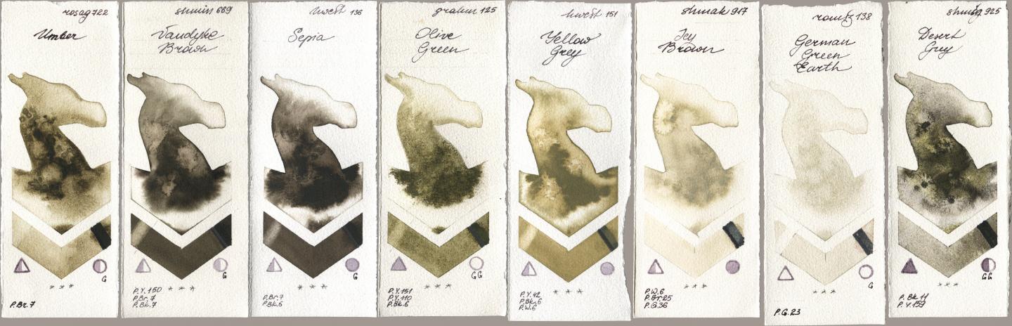 Rosa Gallery 722 Umber, Shminke Horadam Aquarell 669 Vandyke Brown, Holbein Artists Watercolor 136 Sepia, M. Graham & Co. Artists 125 Olive Green, 151 Yellow Grey, Shminke Akademie Aquarell 917 Icy Brown, Roman Szmal Aquarius 138 German Green Earth, 925 Desert Gr watercolor swatch