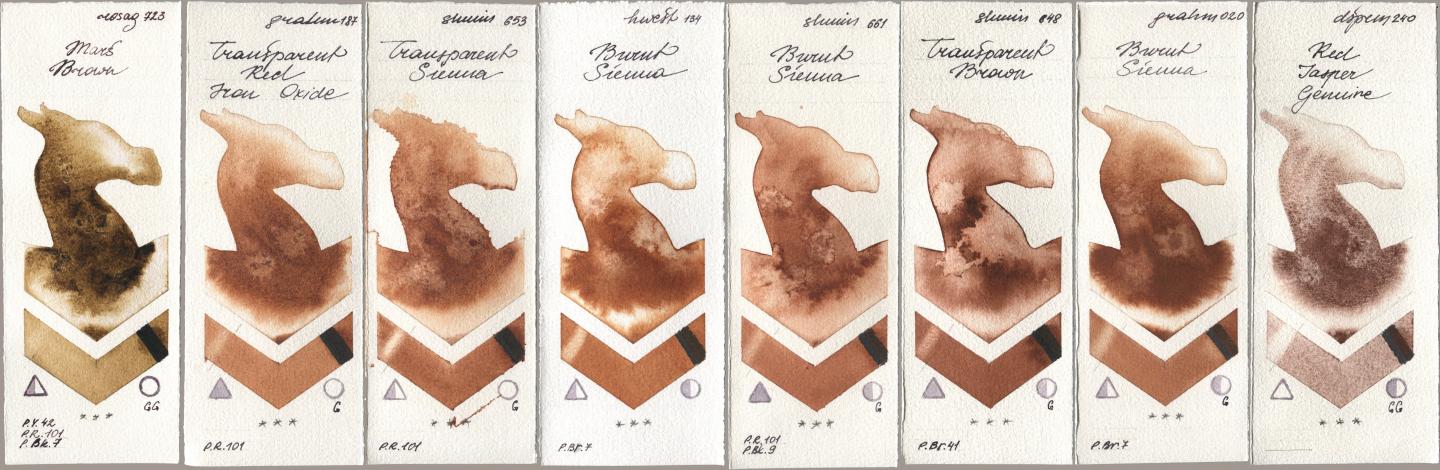 Rosa Gallery 723 Mars Brown, M. Graham & Co. Artists 187 Transparent Red Iron Oxide, Shminke Horadam Aquarell 653 Transparent Sienna, Holbein Artists Watercolor 134 Burnt Sienna, 661 Burnt Sienna, 648 Transparent Brown, 020 Burnt Sienna, Daniel Smith 240 Red Jasper Genui watercolor swatch