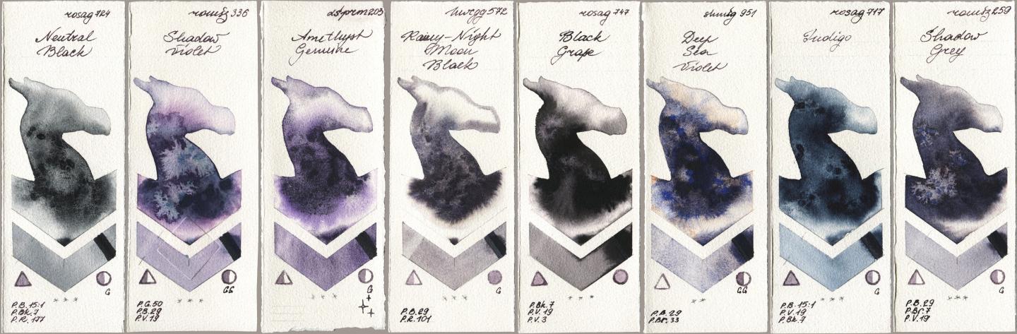 Rosa Gallery 724 Neutral Black, Roman Szmal Aquarius 336 Shadow Violet, Daniel Smith 203 Amethyst Genuine, Holbein Artists Watercolor 572 Rainy-Night Moon Back, 747 Black Grape, Shminke Horadam Aquarell 951 Deep Sea Violet, 717 Indigo, 259 Shadow Gr watercolor swatch