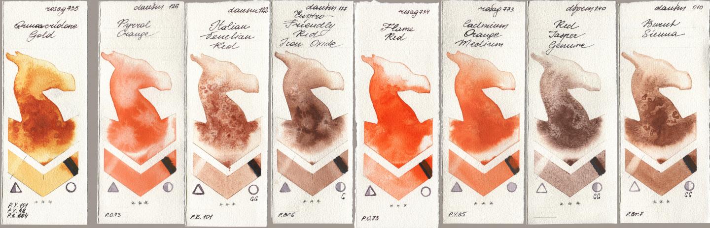 Rosa Gallery 735 Quinacridone Gold, Daniel Smith 126 Pyrrol Orange, 122 Italian Venetian Red, 177 Enviro-Friendly Red Iron Oxide, 734 Flame Red, 773 Cadmium Orange Medium, 240 Red Jasper Genuine, 010 Burnt Sien watercolor swatch
