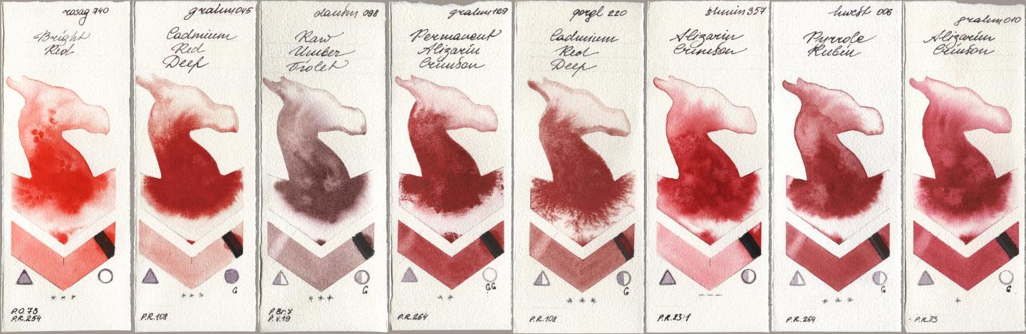 Rosa Gallery 740 Bright Red, M. Graham & Co. Artists 045 Cadmium Red Deep, Daniel Smith 098 Raw Umber Violet, 129 Permanent Alizarin Crimson, Golden QOR 220 Cadmium Red Deep, Shminke Horadam Aquarell 357 Alizarin Crimson, Holbein Artists Watercolor 006 Pyrrole Rubin, 010 Alizarin Crims watercolor swatch