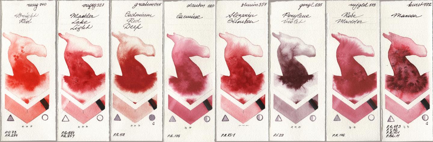 Rosa Gallery 740 Bright Red, Royal Talens Van Gogh Watercolour 327 Madder Lake Light, M. Graham & Co. Artists 045 Cadmium Red Deep, Daniel Smith 020 Carmine, Shminke Horadam Aquarell 357 Alizarin Crimson, Golden QOR 635 Perylene Violet, Mijello Mission Gold 513 Rose Madder, Kuretake Gansai Tambi 072 Maro watercolor swatch
