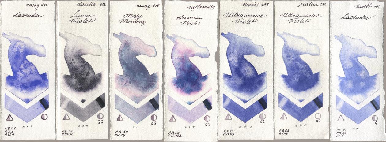 Rosa Gallery 742 Lavender, Daniel Smith 182 Lunar Violet, Roman Szmal Aquarius 415 Misty Morning, Mijello Mission Gold 814 Aurora Pink, Shminke Horadam Aquarell 495 Ultramarine Violet, M. Graham & Co. Artists 193 Ultramarine Violet, Holbein Artists Watercolor 116 Lavend watercolor swatch