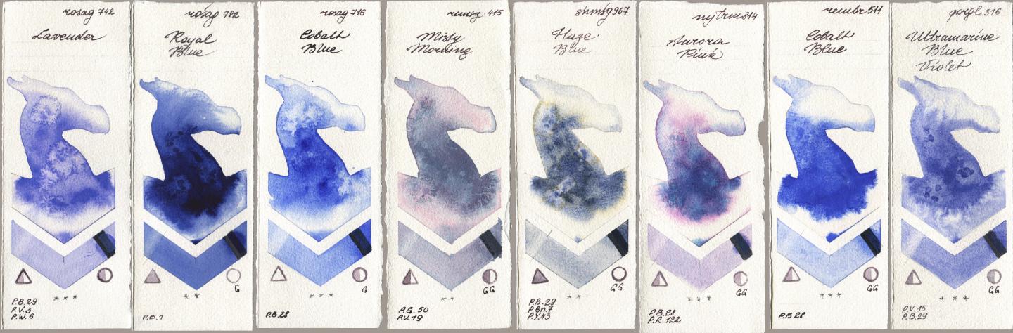Rosa Gallery 742 Lavender, 782 Royal Blue, 716 Cobalt Blue, Roman Szmal Aquarius 415 Misty Morning, Shminke Horadam Aquarell 967 Haze Blue, Mijello Mission Gold 814 Aurora Pink, Royal Talens Rembrandt Watercolour 511 Cobalt Blue, Golden QOR 316 Ultramarine Blue Viol watercolor swatch