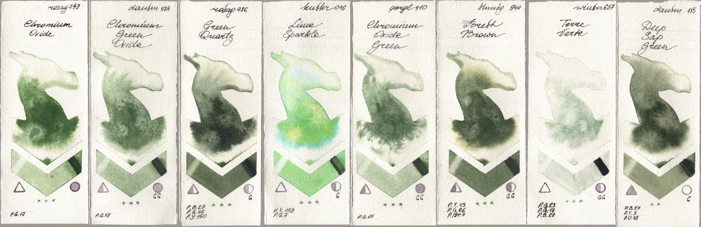 Rosa Gallery 743 Chromium Oxide, Daniel Smith 024 Chromium Green Oxide, 786 Green Quartz, Kusakabe 016 Lime Sparkle, Golden QOR 410 Chromium Oxide Green, Shminke Horadam Aquarell 944 Forest Brown, Winsor & Newton Professional 637 Terre Verte, 175 Deep Sap Gre watercolor swatch