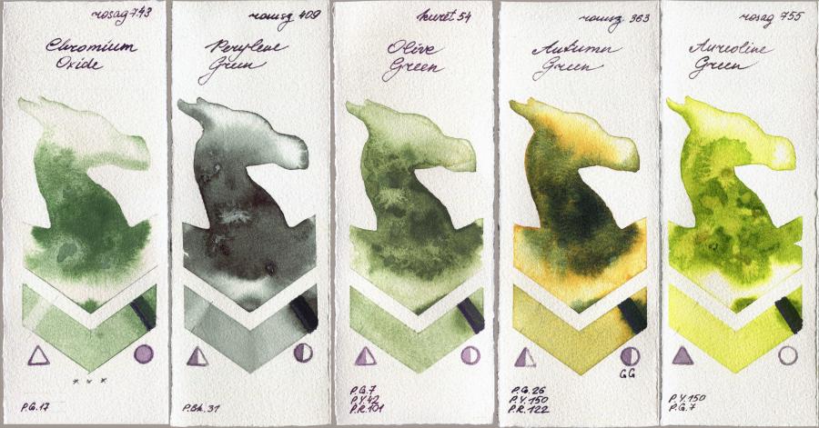 Rosa Gallery 743 Chromium Oxide vs Roman Szmal Aquarius 409 Perylene Green vs Kuretake Gansai Tambi 54 Olive Green vs 363 Autumn Green vs 755 Aureoline Green watercolor swatch
