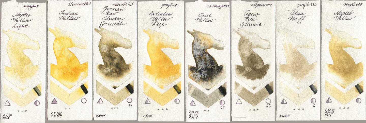 Rosa Gallery 745 Naples Yellow Light, Shminke Horadam Aquarell 220 Indian Yellow, Roman Szmal Aquarius 125 German Raw Umber Greenish, Golden QOR 170 Cadmium Yellow Deep, Rockwell 233 Opal Yellow, Daniel Smith 161 Tigers Eye Genuine, 430 Titan Buff, 435 Naples Yell watercolor swatch