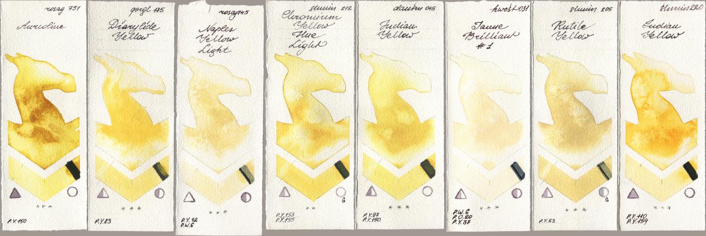 Rosa Gallery 751 Aureoline, Golden QOR 175 Diarylide Yellow, 745 Naples Yellow Light, Shminke Horadam Aquarell 212 Chromium Yellow Hue Light, Daniel Smith 045 Indian Yellow, Holbein Artists Watercolor 031 Jaune Brilliant No 1, 205 Rutile Yellow, 220 Indian Yell watercolor swatch