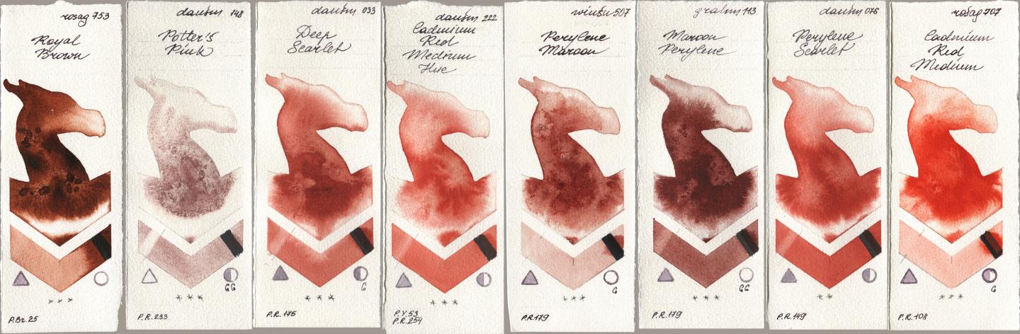 Rosa Gallery 753 Royal Brown, Daniel Smith 148 Potters Pink, 033 Deep Scarlet, 222 Cadmium Red Medium Hue, Winsor & Newton Professional 507 Perylene Maroon, M. Graham & Co. Artists 113 Maroon Perylene, 076 Perylene Scarlet, 707 Cadmium Red Medi watercolor swatch