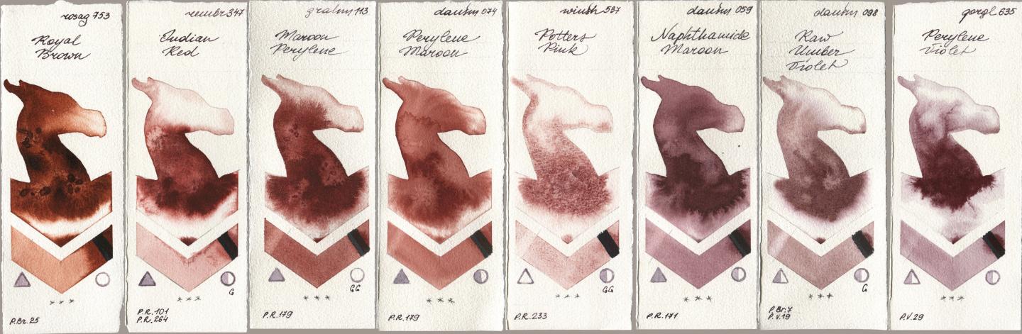 Rosa Gallery 753 Royal Brown, Royal Talens Rembrandt Watercolour 347 Indian Red, M. Graham & Co. Artists 113 Maroon Perylene, Daniel Smith 074 Perylene Maroon, Winsor & Newton Professional 537 Potters Pink, 059 Naphthamide Maroon, 098 Raw Umber Violet, Golden QOR 635 Perylene Viol watercolor swatch