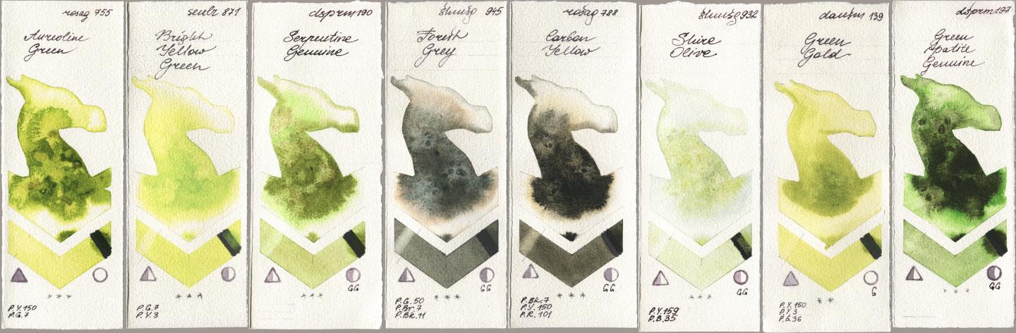 Rosa Gallery 755 Aureoline Green, Sennelier l Aquarelle 871 Bright Yellow Green, Daniel Smith 190 Serpentine Genuine, Shminke Horadam Aquarell 945 Forest Grey, 788 Carbon Yellow, 932 Shire Olive, 139 Green Gold, 197 Green Apatite Genui watercolor swatch