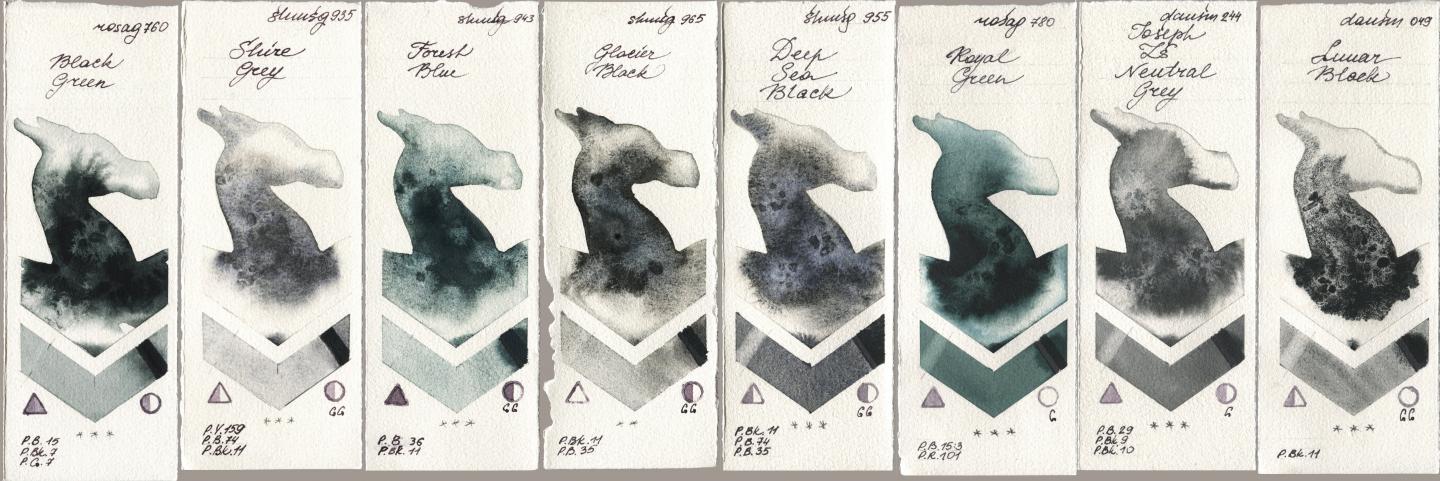 Rosa Gallery 760 Black Green, Shminke Horadam Aquarell 935 Shire Grey, 943 Forest Blue, 965 Glacier Black, 955 Deep Sea Black, 780 Royal Green, Daniel Smith 244 Joseph Zs Neutral Grey, 049 Lunar Bla watercolor swatch